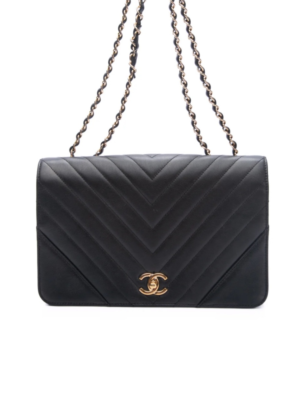 CHANEL Black Chevron Quilted Calfskin Statement Flap  Bag with Gold Hardware